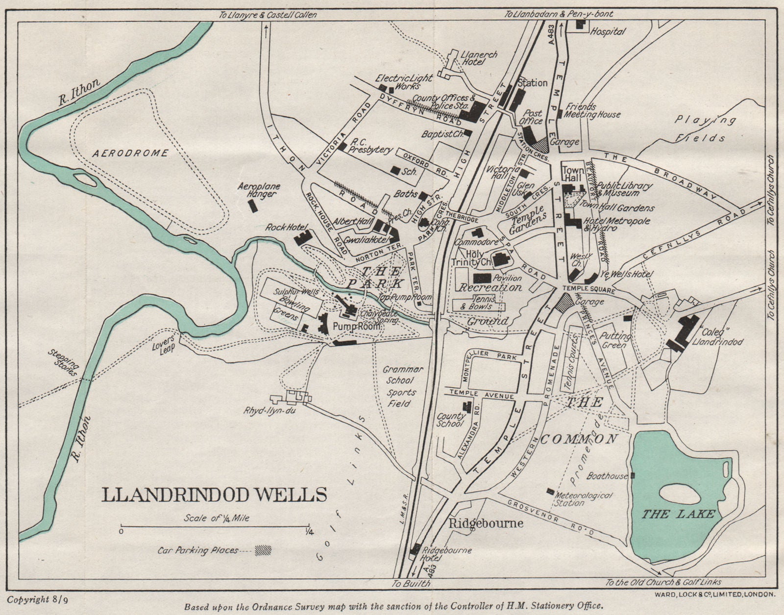 LLANDRINDOD WELLS vintage town/city plan. Wales. WARD LOCK 1948 old map